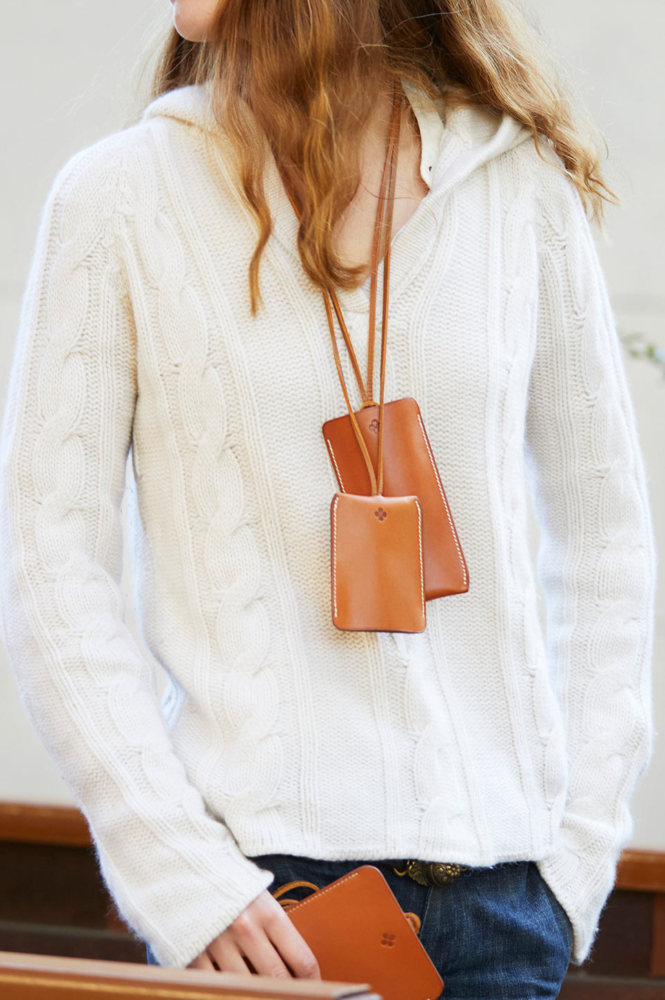 Glasses case with brown leather shoulder strap DEL'EP