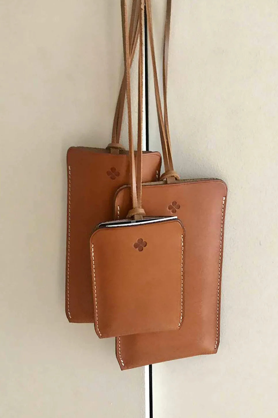 luxury fawn leather card case with shoulder strap